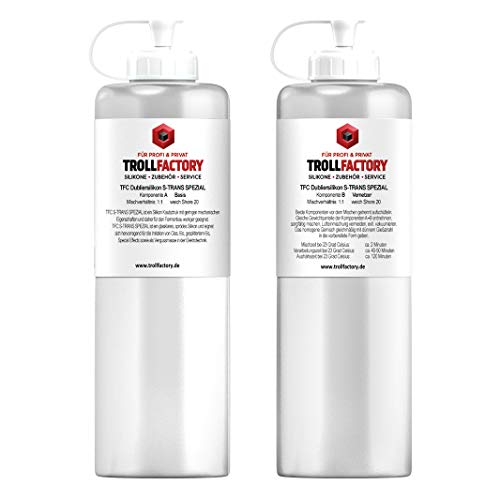 TFC Troll Factory Silikon 2 x 500 g S-TRANS SPEZIAL weich Shore (1kg) farblos, 2-Komponenten-Silikon, Shore A 20, Special Effects, Imitationen, Guss, Quetschflasche mit Dosierkappe von TFC Troll Factory