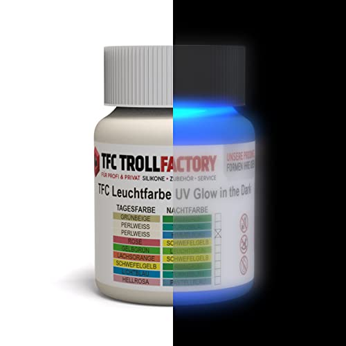TFC Leuchtfarbe UV Glow In The Dark Tagesfarbe: RAL1013 perlweiß – Nachtfarbe: RAL5015 himmelblau 100 g von TFC Troll Factory