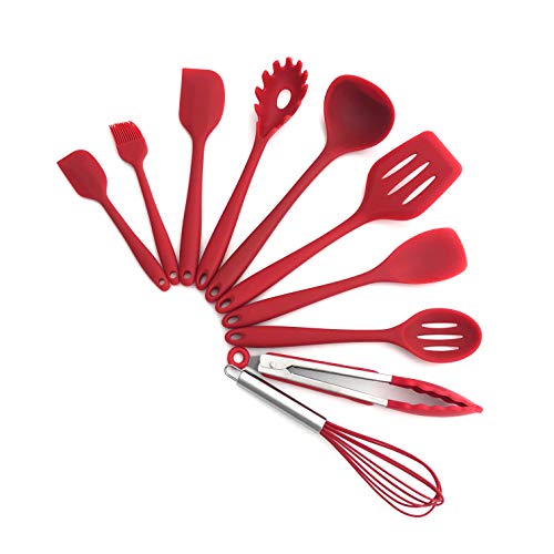 TFENG 10 Stücke Kochgeschirr Sets, Edelstahl und Silikon Schöpflöffel Kochen Besteck,Rot von TFENG