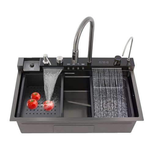 TFIANYNI Küchenspülen Mit Wasserfall Spüle Set Multifunktionale Digitale, Waschbecken Küche Mit Ausziehbarer Wasserhahn, Nano Beschichtung, Waben Prägung, Mehrere Wasserauslass von TFIANYNI