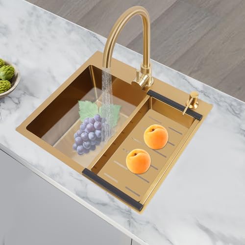 TFIANYNI Luxus Küchenspüle Gold 50x45x22cm, PVD Nano Beschichtung, Schnelle Entleerung, Goldene Spüle Küche Set Mit Wasserhahn Und Seifenspender, Mit Wabenförmiger Sprudler TFIANYNI Luxus Küchenspüle Gold 50x45x22cm, PVD Nano Beschichtung, Schnelle Entleerung, Goldene Spüle Küche Set Mit Wasserhahn Und Seifenspender, Mit Wabenförmiger Sprudler von TFIANYNI