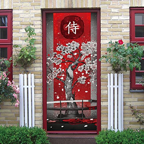 3D Türaufkleber Japanischer Stil & Kirschblütenbäume PVC Selbstklebende Wasserdichte Abnehmbare Art Decals für Dekoration Wandbild B100 x H200cm von TFLABS