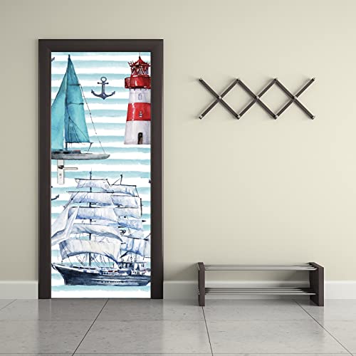 3D Türposter Türtapete Leuchtturm & Segelboot Türtapete selbstklebend TürPoster Fototapete Türfolie Poster DIY Selbstklebende Wandbild PVC Wasserdichte Tapete B77 x H200cm von TFLABS