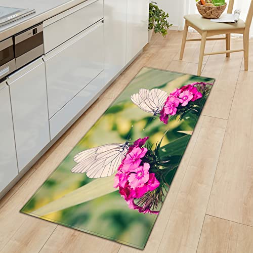 TFLABS Küchenläufer Lila Blumen & Schmetterlinge Teppich Läufer Wasserdicht rutschfest, Teppich Läufer Küchenmatte für Küche Flur Wohnzimmer Schlafzimmer Badezimmer 50 x 160cm von TFLABS