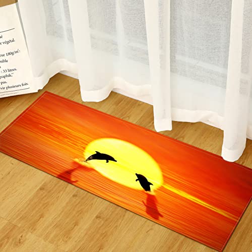 TFLABS Küchenläufer Sonnenuntergang und Delfine Teppich Läufer Wasserdicht rutschfest, Teppich Läufer Küchenmatte für Küche Flur Wohnzimmer Schlafzimmer Badezimmer 60 x 180cm von TFLABS