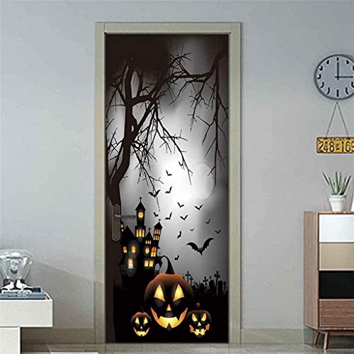 Türtapete Selbstklebend Halloween-Schloss 77 X 200 Cm 3D Türaufkleber Wandbilder Türposter Fototapete Pvc Diy Türbild Vinyl Wasserdichte Entfernbar Mauer Aufkleber Zuhause Dekor - Türfoto von TFLABS