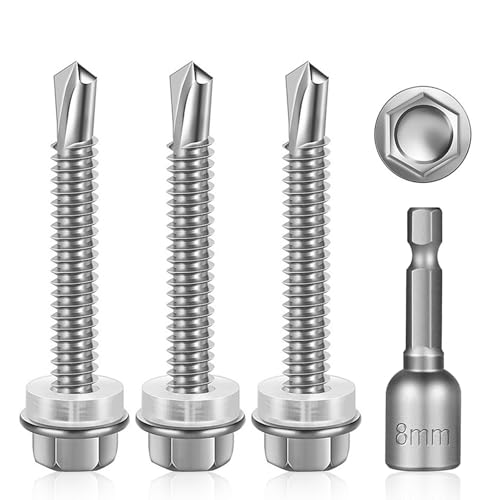30 Stück Selbstschneidende Schrauben, 6,3 x 75 mm Bohrschrauben Sechskant Dachschrauben 410 Edelstahl Trapezblechschrauben mit Dichtscheibe Sechskant Steckschlussel von TFLPUO