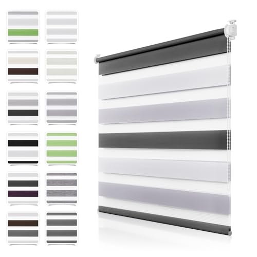 Doppelrollo Klemmfix ohne Bohren Weiß-Grau-Anthrazit B55 x H120cm(Stoffbreite 50cm) Duo Rollos für Fenster ohne Bohren Klemmrollo Zebrarollo Seitenzugrollo mit Kindersicherung Fenster Rollos für innen von TFSKY