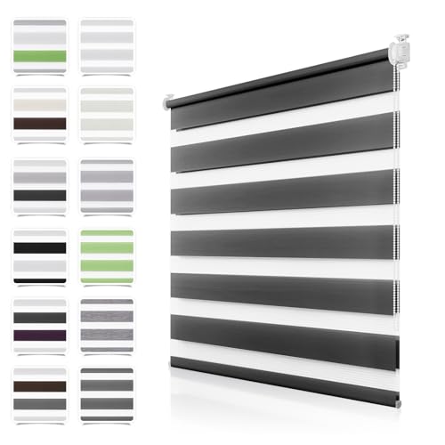 Doppelrollo Klemmfix ohne Bohren Anthrazit B105 x H110cm(Stoffbreite 100cm) Duo Rollos für Fenster ohne Bohren Klemmrollo Zebrarollo Seitenzugrollo mit Kindersicherung Fenster Rollos für innen von TFSKY