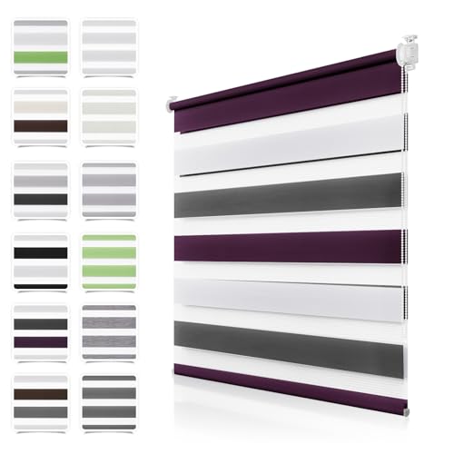Doppelrollo Klemmfix ohne Bohren Weiß-anthrazit-lila B65 x H120cm(Stoffbreite 60cm) Rollos für Fenster ohne Bohren Klemmrollo Duo Rollo Zebrarollo Seitenzugrollo Fenster Rollos für innen Privatschutz von TFSKY