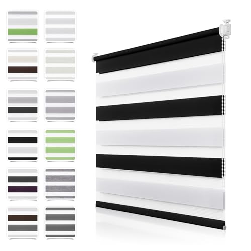 Doppelrollo Klemmfix ohne Bohren Schwarz-Weiß B45 x H140cm(Stoffbreite 40cm) Duo Rollos für Fenster ohne Bohren Klemmrollo Zebrarollo Seitenzugrollo mit Kindersicherung Fenster Rollos für innen von TFSKY
