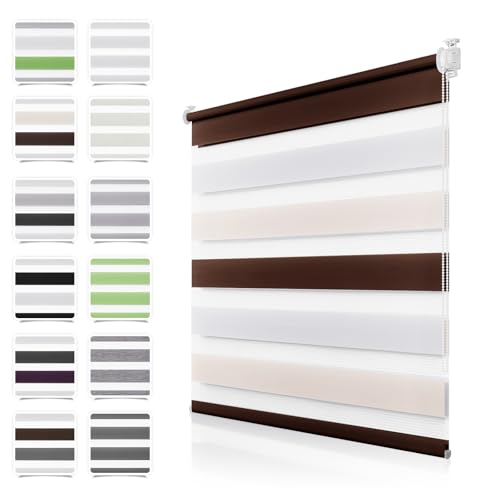 Doppelrollo Klemmfix ohne Bohren Weiß-Beige-Braun B100 x H140cm(Stoffbreite 95cm) Duo Rollos für Fenster ohne Bohren Klemmrollo Zebrarollo Seitenzugrollo mit Kindersicherung Fenster Rollos für innen von TFSKY
