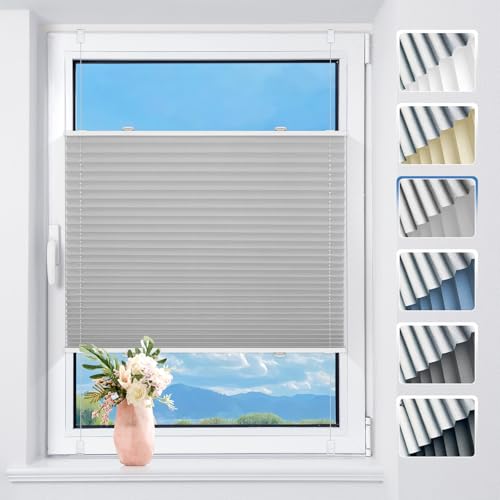 TFSKY Plissee ohne Bohren Verdunkelung Klemmfix Hellgrau B55 x H110 cm Thermo Plissees Verdunklung 100% Blickdicht Plisseerollo für Fenster & Tür Verdunklungsplissee Sonnenschutz Sichtschutz von TFSKY