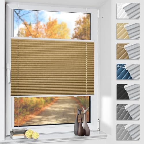 Plissee ohne Bohren Verdunkelung Thermo Plisseerollo Klemmfix 60x110cm(BxH) Beige, Verdunklungsplissee 100% Lichtundurchlässig Sichtschutz und Sonnenschutz für Fenster & Tür von TFSKY