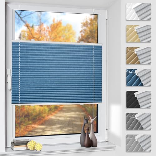 Plissee ohne Bohren Verdunkelung Thermo Plisseerollo Klemmfix 70x120cm(BxH) Blau, Verdunklungsplissee 100% Lichtundurchlässig Sichtschutz und Sonnenschutz für Fenster & Tür von TFSKY