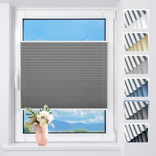 TFSKY Plissee ohne Bohren Verdunkelung Klemmfix Grau B60 x H230 cm Thermo Plissees Verdunklung 100% Blickdicht Plisseerollo für Fenster & Tür Verdunklungsplissee Sonnenschutz Sichtschutz von TFSKY