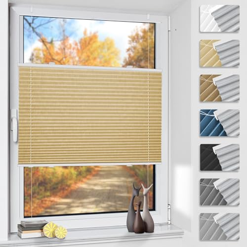 Plissee ohne Bohren Verdunkelung Thermo Plisseerollo Klemmfix 50x120cm(BxH) Hellbeige, Verdunklungsplissee 100% Lichtundurchlässig Sichtschutz und Sonnenschutz für Fenster & Tür von TFSKY