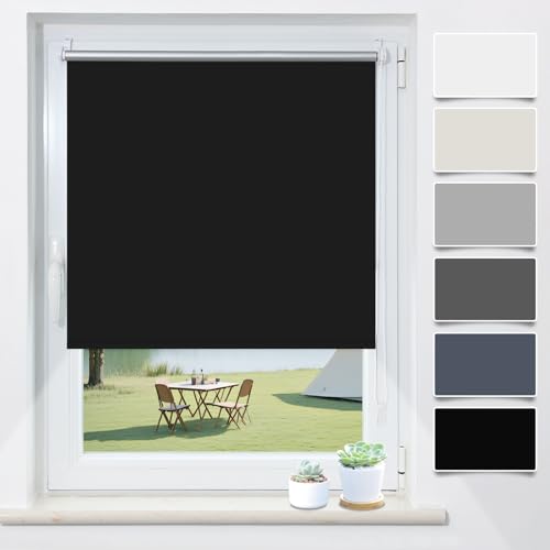 Verdunklungsrollo Klemmfix ohne Bohren Schwarz B115 x H110cm(Stoffbreite 110cm) Rollos für Fenster ohne Bohren Thermo Rollo Verdunkelung Klemmrollo Thermorollo Seitenzugrollo Sonnen- & Hitzeschutz von TFSKY