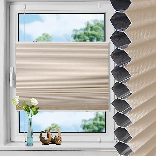 Wabenplissee Plissee ohne Bohren Verdunklung Thermo Doppelplissee Klemmfix Zweifarbig 50x130cm(BxH) Weiß-Beige, Faltrollo 100% Blickdicht Plisseerollo Sonnen-, Sicht- & Schallschutz von TFSKY