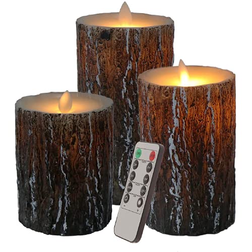 TFSeven Pine Bark Effect Flammenlose Kerzen Batteriebetriebene Säule Birkeneffekt Echtwachs Flackernde Elektrische LED-Kerzensets mit Fernbedienung Radfahren 24 Stunden Timer, Packung mit 3 von TFSeven