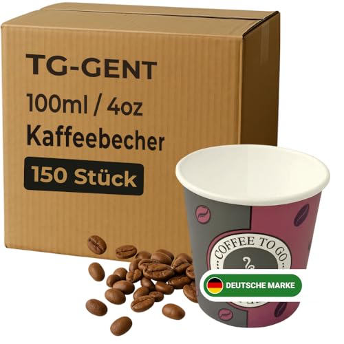 TG-GENT Kaffeebecher 100ml - 150 Stück | Auslaufsichere Kaffeebecher to go Einweg - Ideal für Heißgetränke wie Kaffee, Cappuccino oder Tee | Stabile Espressobecher bzw. Pappbecher als Einwegbecher von TG-GENT