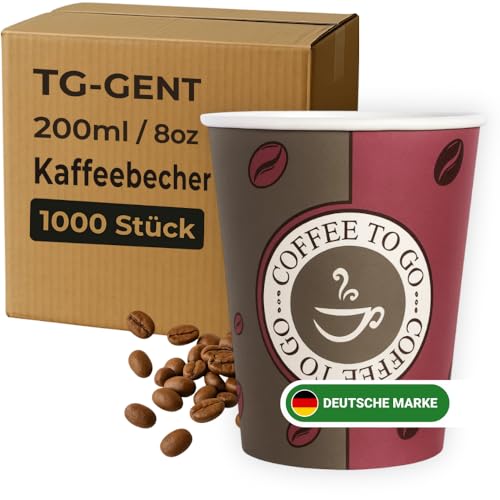 TG-GENT Kaffeebecher 200ml - 1000 Stück | Auslaufsichere Kaffeebecher to go Einweg - Ideal für Heißgetränke wie Kaffee, Cappuccino oder Tee | Stabile Espressobecher bzw. Pappbecher als Einwegbecher von TG-GENT
