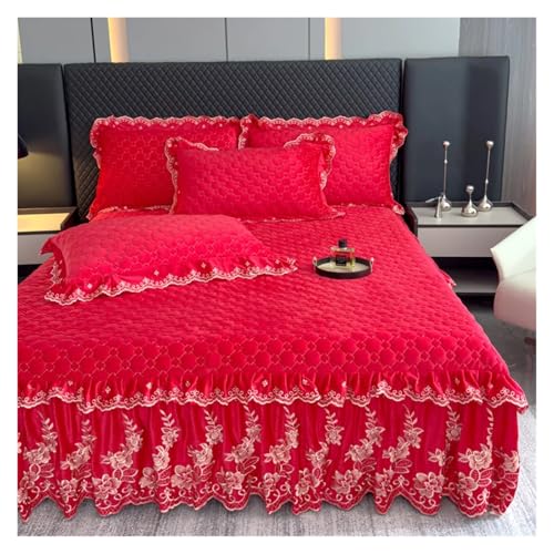 Rock Rüschenbettrock, Bettrock aus Kristallsamtspitze mit Kissenbezügen, 2er- oder 3er-Pack, Mehrfarbig, mehrere Größen(Rosso,150X200cm 3pcs) von TGDGFKIAS