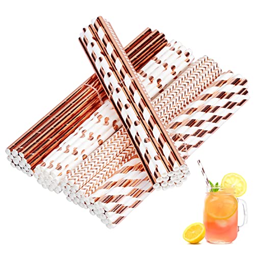 TGFIX 120 pcs Roségold Papier Trinkhalm Hen Party Papierstrohhalme RoseGold Paper Straws 4 Styles Plastikfrei Strohhalme für JGA, Hochzeit, Geburtstag, Partyzubehör von TGFIX