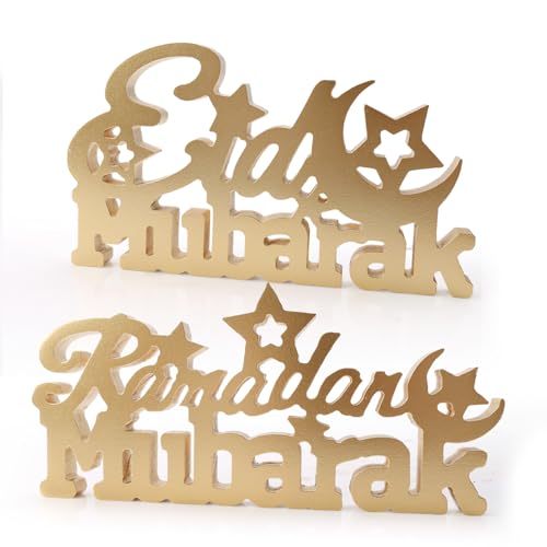 TGFIX 2 Stück Eid Mubarak Aufsteller Tischdeko aus Holz Islamischer Tisch Schild Muslimischer Tischkarte Goldenes Eid Mubarak Holztischschild Tisch Dekoration für Eid Mubarak Ramadan von TGFIX