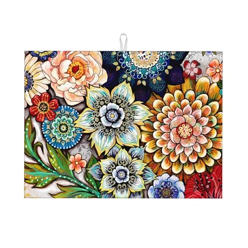 Boho-Abtropfmatte mit Blumenmuster für Küchentheke, 45,7 x 61 cm, Mikrofaser-Geschirrmatten zum Trocknen von Geschirr, saugfähig, groß, Mandala-Gestell, Küchendekoration Boho-Abtropfmatte mit Blumenmuster für Küchentheke, 45,7 x 61 cm, Mikrofaser-Geschirrmatten zum Trocknen von Geschirr, saugfähig, groß, Mandala-Gestell, Küchendekoration von TGKBRMEA