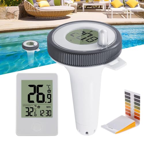 Pool Thermometer Funk, TGKYK Poolthermometer Schwimmend Funk mit Raumtemperatur, Uhrfunktion, PH-Teststreifen, Pool Thermometer Digital, Thermometer Pool Schwimmend für Pool, Teich von TGKYK
