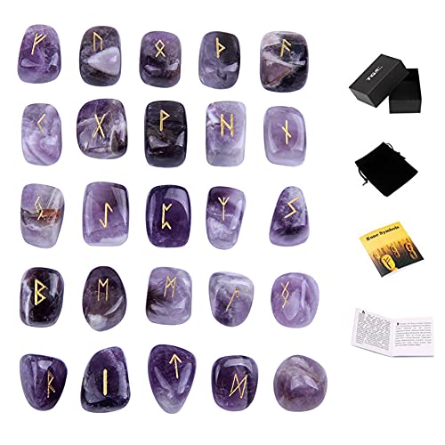 TGS Gems Amethyst-Runenstein-Set, eingravierter heidnischer Schriftzug, mit Anleitung (evtl. nicht in deutscher Sprache) und Samtbeutel von TGS Gems