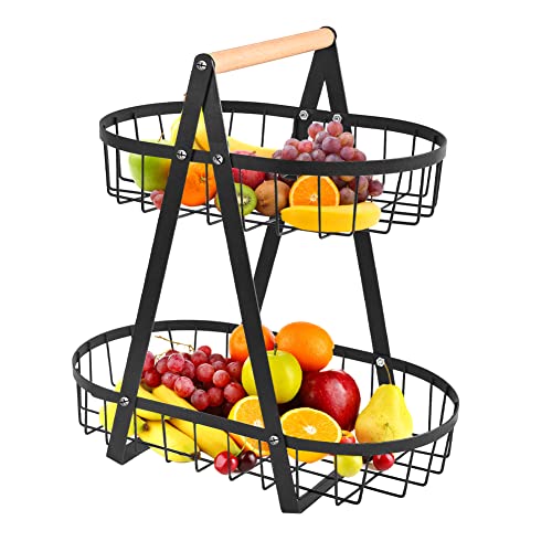 THATSRAD 2 Stöckig Obst Etagere Schwarz Obstetageren Etagere Früchte Obstkorb Bbstschale Etagere Obst und Gemüse Schüssel Abnehmbarer Obsthalter Regal mit Schraubendreher Etagere für Obst Küche Lager von THATSRAD