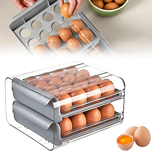 THATSRAD Eier Aufbewahrungsbox Kühlschrank Eierschublade Eierbehälter Kunststoff Eierbox Kühlschrank Schublade Eierbehälter für 32 Eier Doppelschicht Eierablage Box für Frische Eier Kühlschrank (Grau) von THATSRAD