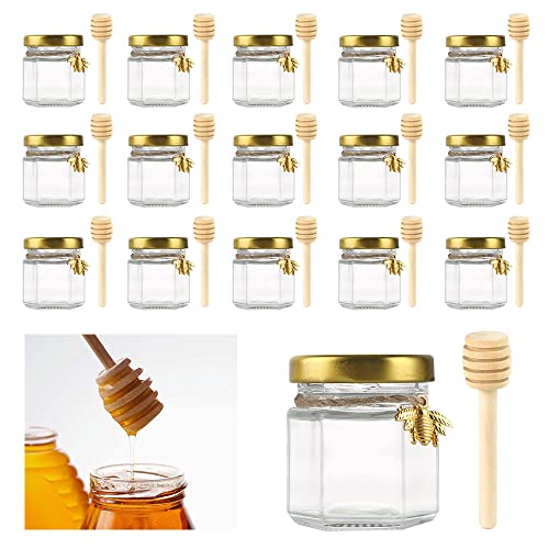 THATSRAD 20er Pack Mini Glas Honiggläser mit Holzschöpflöffel Schraubgläser 45 ml Einmachgläser Klein Marmeladengläser Hexagon Mini Glas Honiggläser Probiergläser Honig Gläschen für Gastgeschenke von THATSRAD