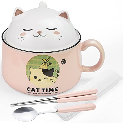 THATSRAD Ramen Schüssel mit Deckel Müslischalen Katze Salatschalen 1020ml Nudelschale Keramik Schüssel Nudeln Instant Pastaschüsseln Katze Suppenschale mit Henkel Essstäbchen/Löffel für Nudeln Suppe von THATSRAD