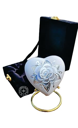 Mini-Urne mit weißen Rosen, Herzform, Urne für menschliche Asche, Erwachsene und Beerdigung für Erwachsene und Säuglinge, mit hochwertiger Samt-Box und Messingständer Mini-Urne mit weißen Rosen, Herzform, Urne für menschliche Asche, Erwachsene und Beerdigung für Erwachsene und Säuglinge, mit hochwertiger Samt-Box und Messingständer von THE ANTIQUE HOUSE