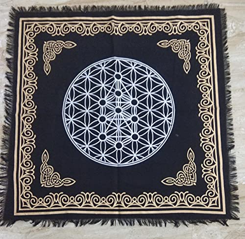 THE ART BOX Altartuch Tarotkarten Servietten Hexereizubehör Schwarzgold Tischdecke Quadrat Alter Pagan Spiritual Celestial Deck Tuch Mit Fransen, Metatrons Würfel, 24x24 Zoll von THE ART BOX