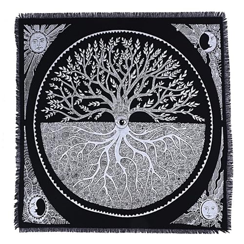 THE ART BOX Altartuch Tarotkarten Tischservietten Hexereizubehör Schwarz Silber Tischdecke Quadratisch Alter Pagan Spirituelles Himmlisches Decktuch mit Fransen, Baum des Lebens, 61 x 61 cm von THE ART BOX