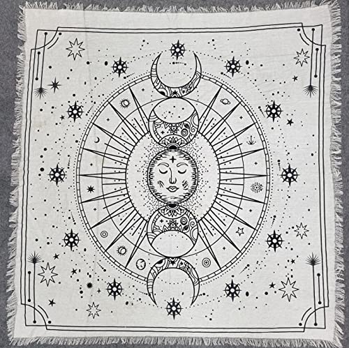THE ART BOX Altartuch Tarotkarten Tischservietten Hexereizubehör Schwarz Silber Tischdecke Quadratisch Alter Pagan Spirituelles Himmlisches Decktuch mit Fransen, Sonne und Mond, 60x60 cm von THE ART BOX