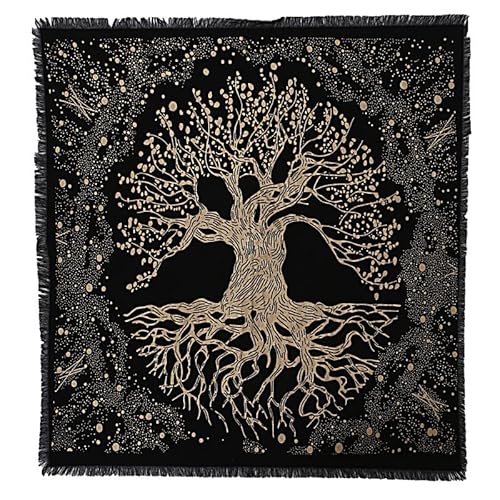 THE ART BOX Altartuch Tarotkarten Tischservietten Hexereizubehör Schwarzgold Tischdecke Quadratisch Alter Pagan Spiritual Celestial Deck Tuch mit Fransen, Baum des Lebens, 90x90 cm von THE ART BOX