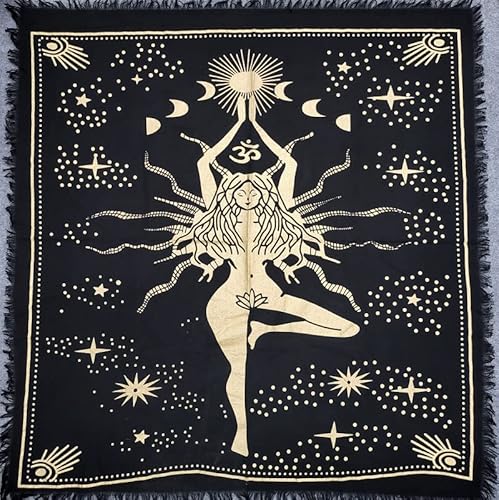 THE ART BOX Altartuch Tarotkarten Tischservietten Hexereizubehör Schwarzgold Tischdecke Quadratisch Alter Pagan Spiritual Celestial Deck Tuch mit Fransen, Natraj-Gold, 45x45 cm von THE ART BOX