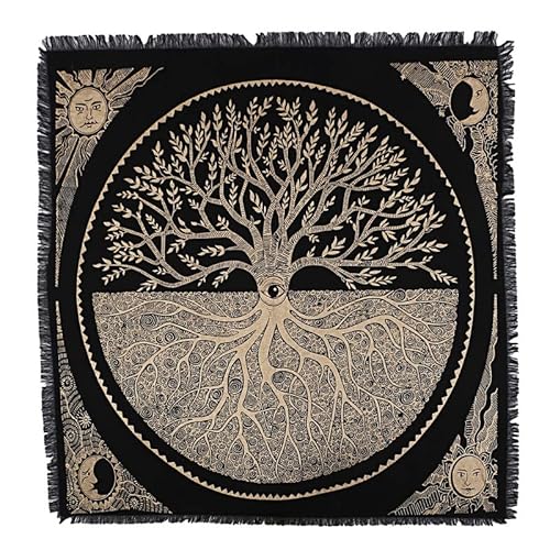 THE ART BOX Altartuch Tarotkarten Tischservietten Hexereizubehör Schwarzgold Tischdecke Quadratisch Alter Pagan Spirituelles Himmlisches Decktuch mit Fransen, Baum des Lebens, 45x45 cm von THE ART BOX