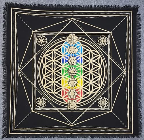 THE ART BOX Altartuch Tarotkarten Tischservietten Hexereizubehör Schwarzgold Tischdecke Quadratisch Alter Pagan Spirituelles Himmlisches Decktuch mit Fransen, Metatrons Cube-Multi, 60x60 cm von THE ART BOX