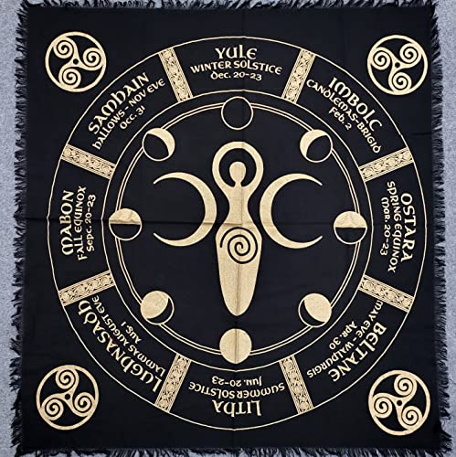 THE ART BOX Altartuch Tarotkarten Tischservietten Hexereizubehör Schwarzgold Tischdecke Quadratisch Alter Pagan Spirituelles Himmlisches Decktuch mit Fransen, Wicca-Göttin-Gold, 36X36 Zoll von THE ART BOX