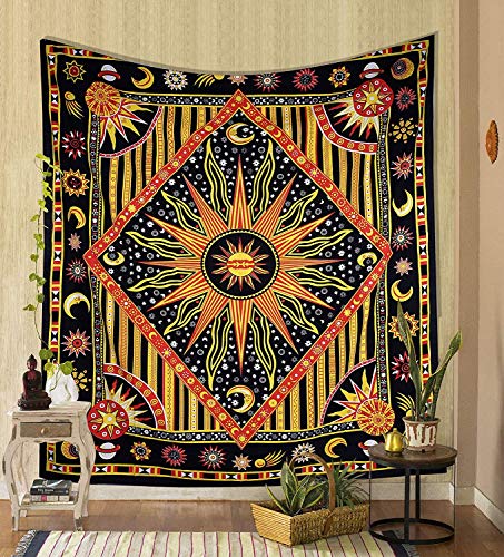 THE ART BOX Indie Wandteppich Baumwolle Mandala Wandbehang Deko Teppich Aesthetic Room Decor Dekoration Wohnzimmer Indische Tücher Schlafzimmer Deko, Gelb, 135x160 Cm von THE ART BOX