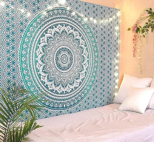 THE ART BOX Indie Wandteppich Baumwolle Mandala Wandbehang Deko Teppich Aesthetic Room Decor Dekoration Wohnzimmer Indische Tücher Schlafzimmer Deko, Grün und Weiß, 135x210 Cm von THE ART BOX