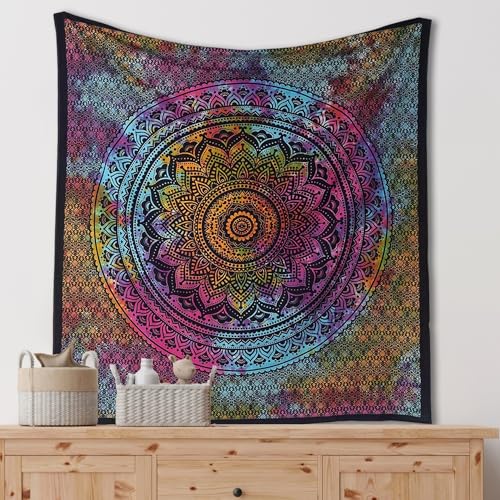 THE ART BOX Indie Wandteppich Baumwolle Mandala Wandbehang Deko Teppich Aesthetic Room Decor Dekoration Wandtuch/Strandtuch Wohnzimmer Indische Tücher Schlafzimmer Deko, Regenbogen,135x210 Cm von THE ART BOX