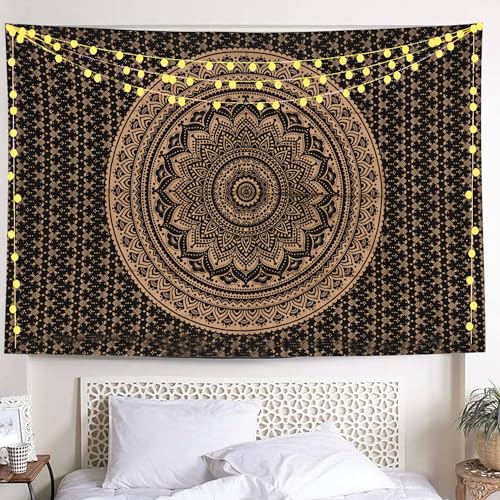 THE ART BOX Indie Wandteppich Baumwolle Mandala Wandbehang Deko Teppich Aesthetic Room Decor Dekoration Wohnzimmer Indische Tücher Schlafzimmer Deko, Schwarzes Gold, 210x230 Cm von THE ART BOX