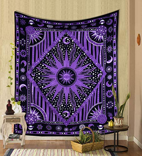 THE ART BOX Indie Wandteppich Baumwolle Mandala Wandbehang Deko Teppich Aesthetic Room Decor Dekoration Wohnzimmer Indische Tücher Schlafzimmer Deko, Violett, 135x210 Cm von THE ART BOX